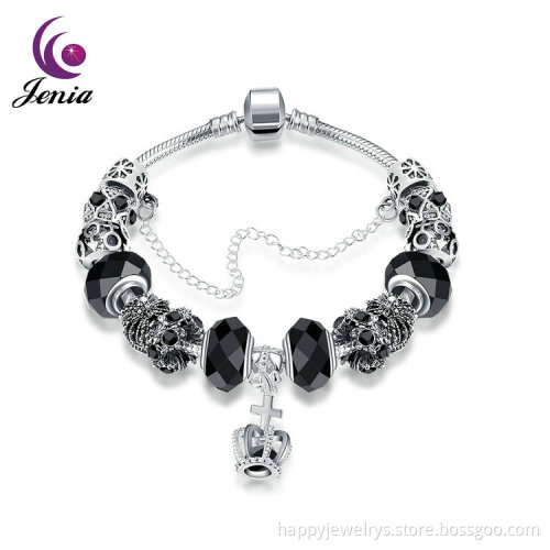 Jenia High Quality Jewelry Zircon Silver Plated Bead Black Glass Bracelet